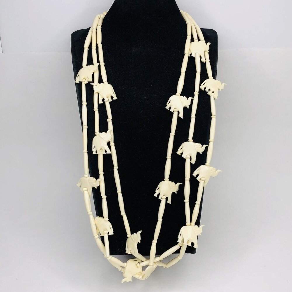 Tribal Boho Gypsy Fetish Carved Ivory Bead Elephant Necklace 3 Strands Engraved - Picture 2 of 11